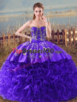 Purple Fabric With Rolling Flowers Lace Up Quince Ball Gowns Sleeveless Brush Train Embroidery and Ruffles