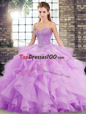Best Selling Lavender Tulle Lace Up Quinceanera Gown Sleeveless Brush Train Beading and Ruffles