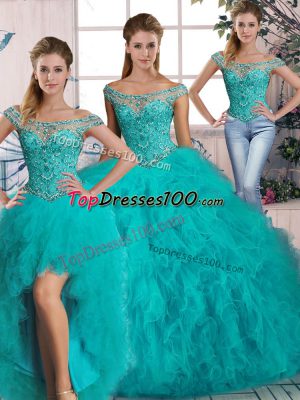 Lace Up Quinceanera Dresses Aqua Blue for Sweet 16 and Quinceanera with Beading and Ruffles Brush Train