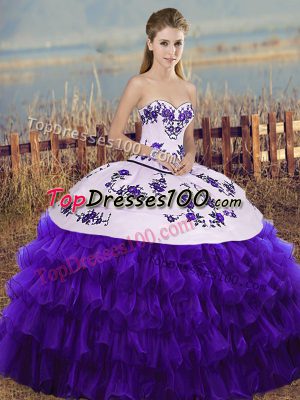Glittering Floor Length White And Purple Quinceanera Dress Organza Sleeveless Embroidery and Ruffled Layers and Bowknot