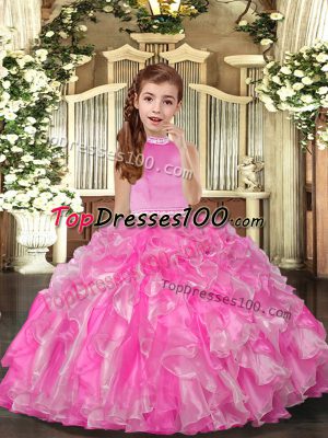 Organza High-neck Sleeveless Backless Beading and Ruffles Pageant Dress Womens in Rose Pink