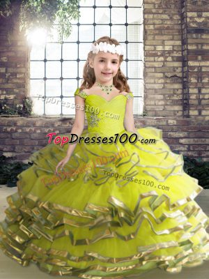 Yellow Green Little Girls Pageant Dress Party and Quinceanera with Beading and Ruffles Straps Sleeveless Lace Up