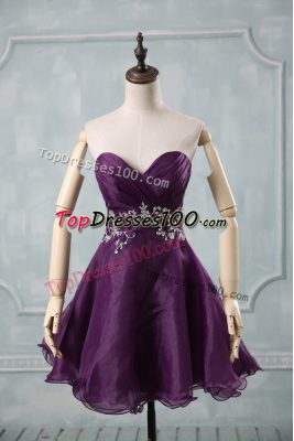 Purple A-line Sweetheart Sleeveless Organza Mini Length Lace Up Appliques and Ruching