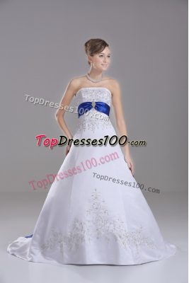 Romantic White Ball Gowns Strapless Sleeveless Satin Brush Train Lace Up Beading and Embroidery Wedding Gown