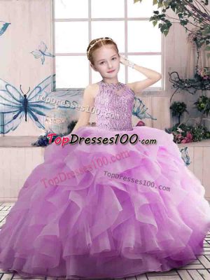Lilac Ball Gowns Organza Scoop Sleeveless Beading and Ruffles Floor Length Zipper Child Pageant Dress