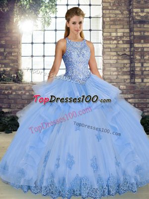 Lavender Scoop Lace Up Lace and Embroidery and Ruffles Quinceanera Gown Sleeveless
