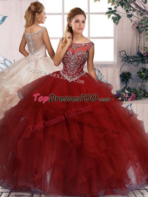 Luxury Burgundy 15th Birthday Dress Military Ball and Sweet 16 and Quinceanera with Beading and Ruffles Scoop Sleeveless Zipper