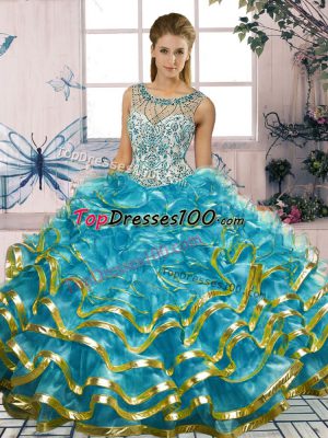 Flirting Blue Scoop Lace Up Beading and Ruffles Quinceanera Gown Sleeveless