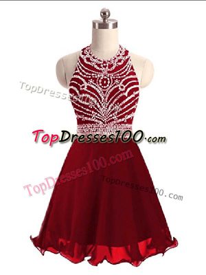 Super Halter Top Sleeveless Cocktail Dresses Mini Length Beading Wine Red Chiffon