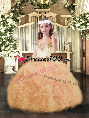 Peach Lace Up Pageant Dress Wholesale Beading and Ruffles and Pick Ups Sleeveless Floor Length