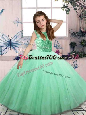 Discount Apple Green Tulle Lace Up Pageant Gowns For Girls Sleeveless Mini Length Beading