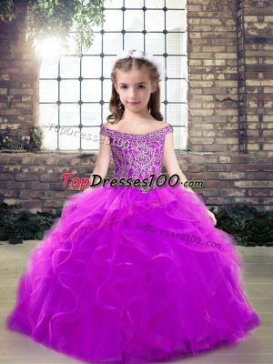 Unique Purple Ball Gowns Tulle Off The Shoulder Sleeveless Beading and Ruffles Floor Length Lace Up Girls Pageant Dresses