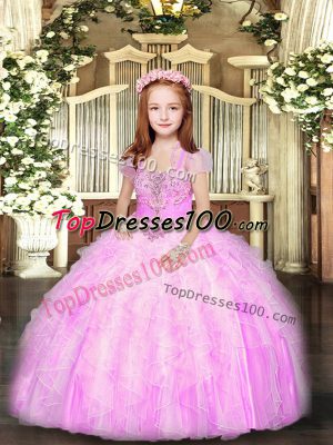 Pretty Tulle Straps Sleeveless Lace Up Beading and Ruffles Kids Formal Wear in Lilac