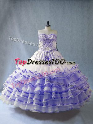 Romantic Lavender Ball Gowns Organza Sweetheart Sleeveless Embroidery and Ruffled Layers Floor Length Lace Up Sweet 16 Dresses