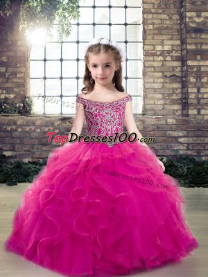 Custom Designed Floor Length Lace Up Little Girls Pageant Dress Fuchsia for Party and Wedding Party with Beading and Ruffles