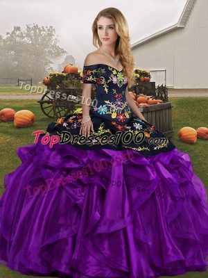 Super Black And Purple Sleeveless Embroidery and Ruffles Floor Length Quinceanera Dress