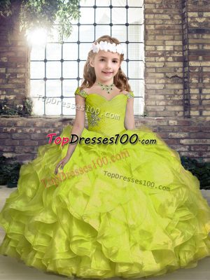 Organza Spaghetti Straps Sleeveless Lace Up Beading and Ruffles and Ruching Kids Formal Wear in Yellow Green