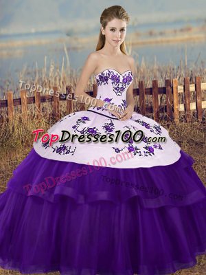 Colorful White And Purple Sleeveless Floor Length Embroidery and Bowknot Lace Up Sweet 16 Quinceanera Dress