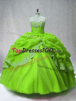 Sweetheart Long Sleeves Quinceanera Dresses Floor Length Beading and Appliques and Pick Ups Green Organza