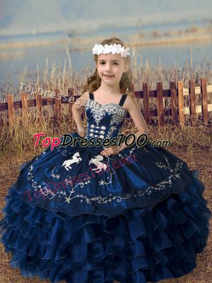 Elegant Ball Gowns High School Pageant Dress Navy Blue Straps Organza Sleeveless Floor Length Lace Up