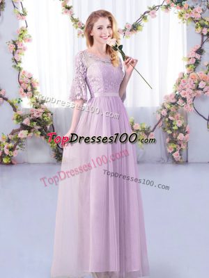 Lavender Tulle Side Zipper Scoop Half Sleeves Floor Length Dama Dress Lace and Belt