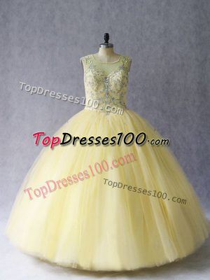 Top Selling Light Yellow Lace Up Ball Gown Prom Dress Beading Sleeveless Floor Length