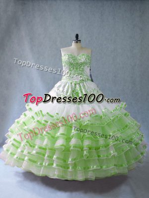 Designer Sleeveless Organza Floor Length Lace Up Quinceanera Dresses in with Embroidery and Ruffled Layers and Bowknot