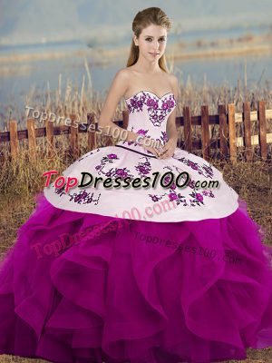 Stylish Sleeveless Floor Length Embroidery and Ruffles and Bowknot Lace Up Vestidos de Quinceanera with Fuchsia