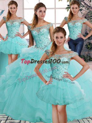 Aqua Blue Off The Shoulder Neckline Beading and Ruffles Quinceanera Gown Sleeveless Lace Up