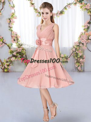 Pink Empire Chiffon V-neck Sleeveless Hand Made Flower Knee Length Lace Up Court Dresses for Sweet 16