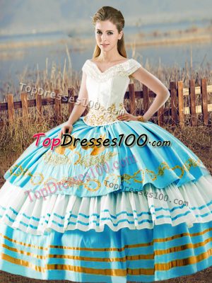 Blue And White V-neck Lace Up Embroidery and Ruffled Layers 15th Birthday Dress Sleeveless