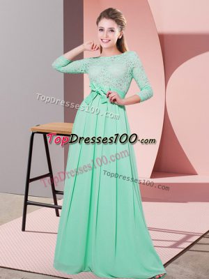 Apple Green Court Dresses for Sweet 16 Wedding Party with Lace and Belt Scoop 3 4 Length Sleeve Side Zipper