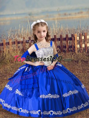 Trendy Royal Blue Straps Neckline Beading and Embroidery Pageant Gowns For Girls Sleeveless Lace Up