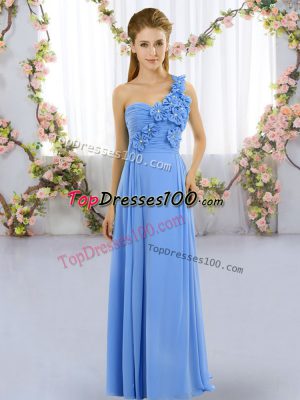 Blue One Shoulder Neckline Hand Made Flower Quinceanera Court of Honor Dress Sleeveless Lace Up