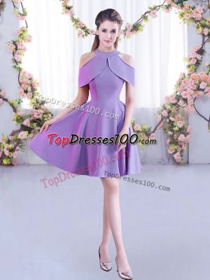 Glittering A-line Bridesmaid Dress Lavender High-neck Chiffon Short Sleeves Mini Length Zipper