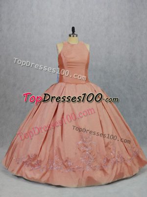 Pretty Taffeta Scoop Sleeveless Zipper Embroidery Sweet 16 Quinceanera Dress in Peach