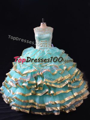 Apple Green Lace Up Sweet 16 Dress Ruffled Layers Sleeveless Floor Length