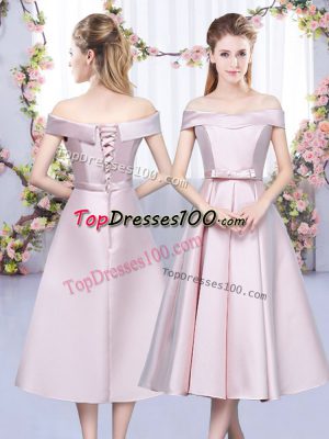 Fashionable Tea Length Lace Up Wedding Party Dress Baby Pink for Wedding Party with Bowknot