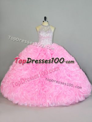 Fine Ball Gowns Quinceanera Gowns Baby Pink Halter Top Organza Sleeveless Floor Length Lace Up