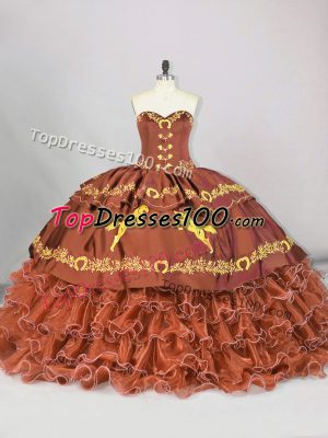 Artistic Brown Ball Gown Prom Dress For with Embroidery and Ruffled Layers Sweetheart Sleeveless Brush Train Lace Up