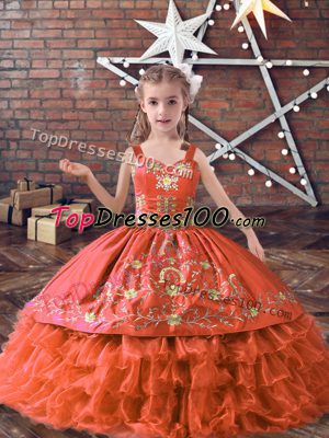 Top Selling Floor Length Orange Red Evening Gowns Straps Sleeveless Lace Up