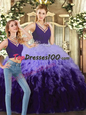 Great Purple and Multi-color Ball Gowns Beading and Ruffles Ball Gown Prom Dress Backless Tulle Sleeveless Floor Length