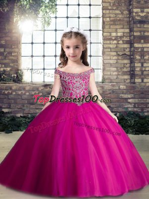 Latest Fuchsia Ball Gowns Sweetheart Sleeveless Tulle Floor Length Lace Up Beading Winning Pageant Gowns