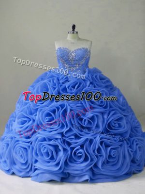 Organza Sweetheart Sleeveless Brush Train Lace Up Beading 15 Quinceanera Dress in Blue