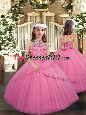 Hot Selling Rose Pink Lace Up Little Girl Pageant Dress Beading Sleeveless Floor Length