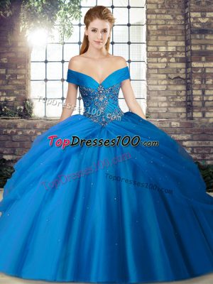 Blue Off The Shoulder Neckline Beading and Pick Ups Vestidos de Quinceanera Sleeveless Lace Up