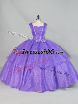 Straps Sleeveless Lace Up Quinceanera Gown Lavender Organza