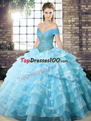 Dynamic Aqua Blue Lace Up Quinceanera Dress Beading and Ruffled Layers Sleeveless Brush Train