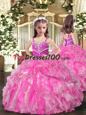 Floor Length Rose Pink Kids Pageant Dress Organza Sleeveless Beading and Ruffles