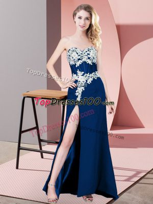 Navy Blue Chiffon Zipper Prom Dresses Sleeveless Floor Length Lace and Appliques